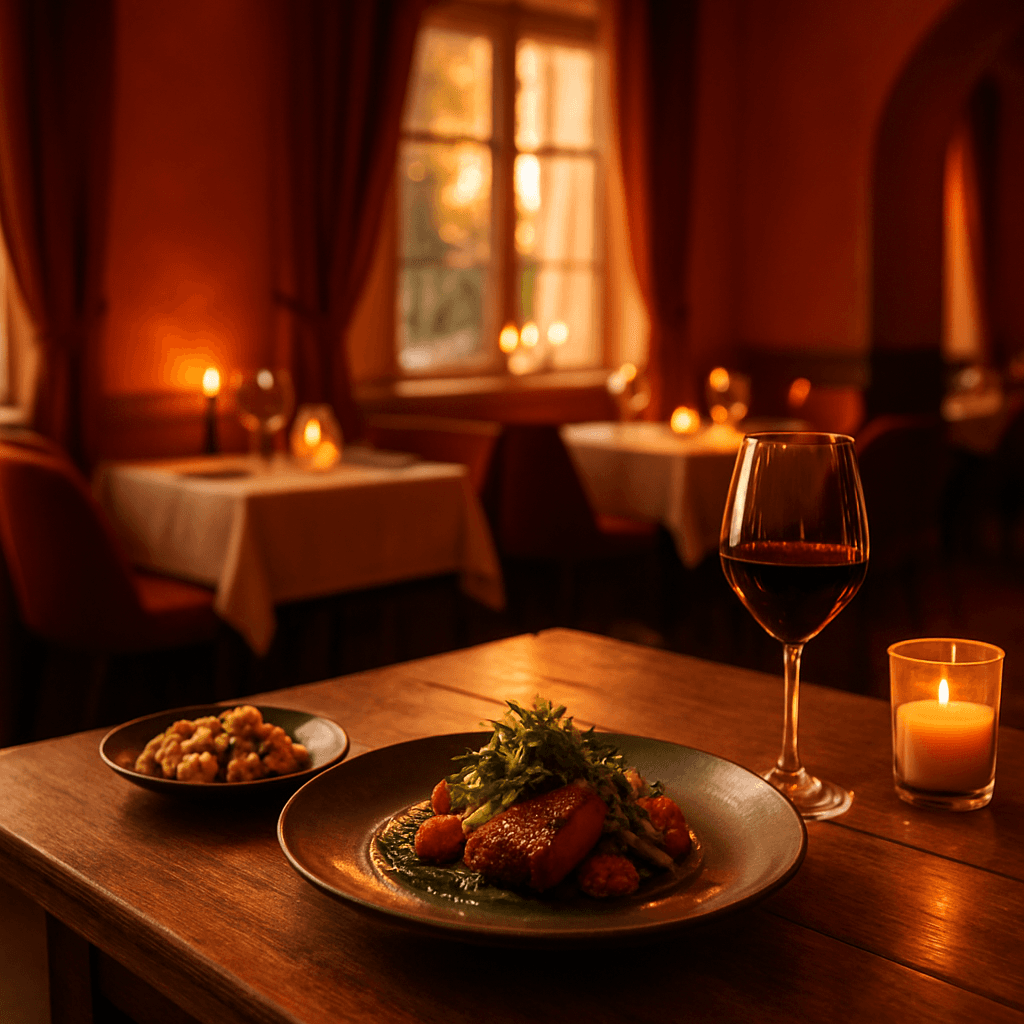 Stimmungsvolles Restaurant-Interieur mit elegant angerichtetem Essen