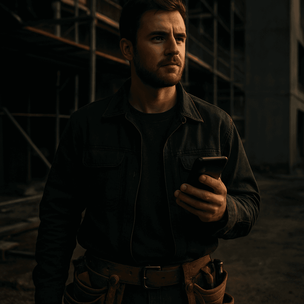 Handwerker auf einer Baustelle mit Smartphone